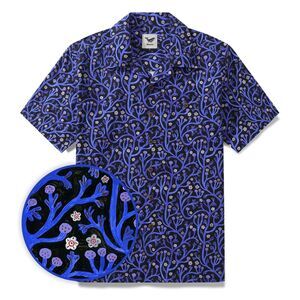 YIUME 1960s Hawaiian Shirt Mens XL Midnight Garden Shirt Camp Collar 100% Cotton